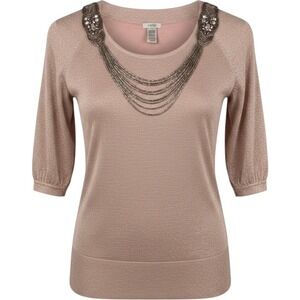 Cache Beaded Metallic Knit Top Large Rose Gold